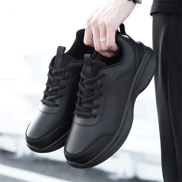 أحذية رياضية للرجال، جلد أسود مقاوم للماء أحذية كاجوال جندرية، مناسبة للأيام الممطرة، التمارين الرياضية، الارتداء اليومي، أحذية سميكة بنعل سميك