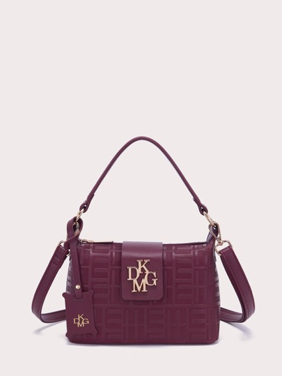 DK DKMG Bolso de mano cruzado de unicolor Pu elegante y 'old money' con decoración de letras metálicas, adecuado para uso diario de las mujeres, trabajo clásico, casual, de negocios y para ir y venir, bolso burdeos de moda, bolso de para mujeres elegantes