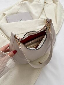 1pc Embossed White Pu Fashion Solid Color Small Shoulder Bag Suitable For Daily Use Minimalist Solid Color Bag All-Match Textured Crescent Bag Women's All-Match Underarm Bag For Daily Use - Beige - View 7