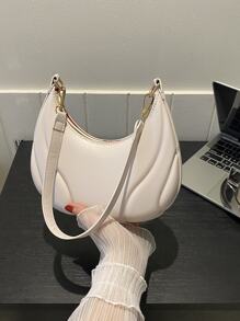 1pc Embossed White Pu Fashion Solid Color Small Shoulder Bag Suitable For Daily Use Minimalist Solid Color Bag All-Match Textured Crescent Bag Women's All-Match Underarm Bag For Daily Use - Beige - View 8
