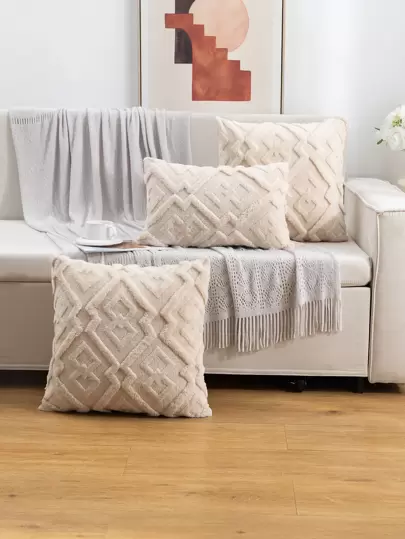 1pc Plush Geometric Pattern Pillow Case (Without Pillow Core) Bohemian Style Home Decor Cushion Cover For Living Room, Bedroom, All Seasons