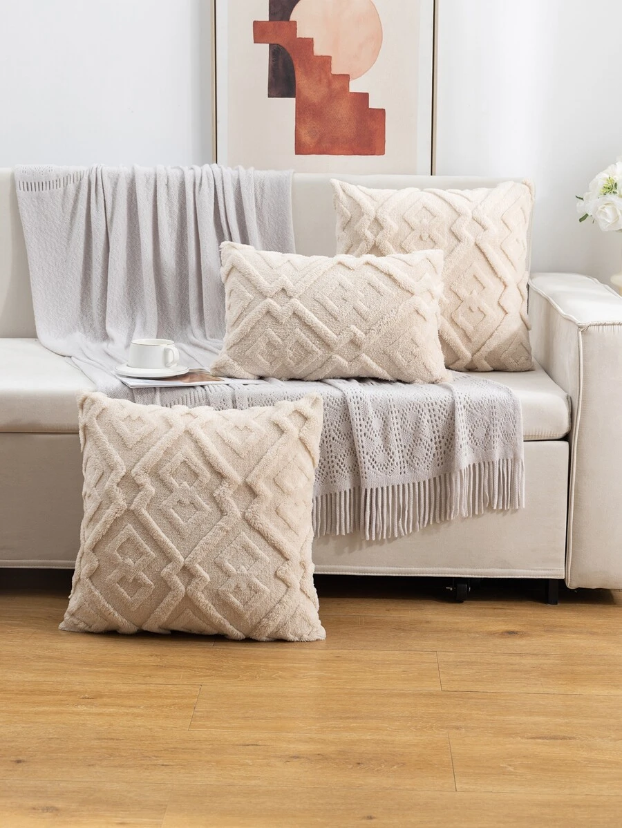 1入組毛絨幾何圖案枕套（不含枕芯），波西米亞風格家居裝飾靠墊套，適用於客廳、臥室，全年四季皆宜 - 米色 - 查看 1