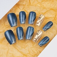 10入組m號手工製作貼式指甲,深藍貓眼美甲時尚閃亮假指甲適用於女性和女孩 - 彩色 - 查看 3