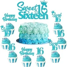 25入組16歲生日蛋糕裝飾,sweet 16生日蛋糕上層裝飾物,happy Birthday Sweet 16杯子蛋糕裝飾,適用於男孩女孩快樂16歲生日派對用品,藍綠色調 - 藍色 - 查看 1