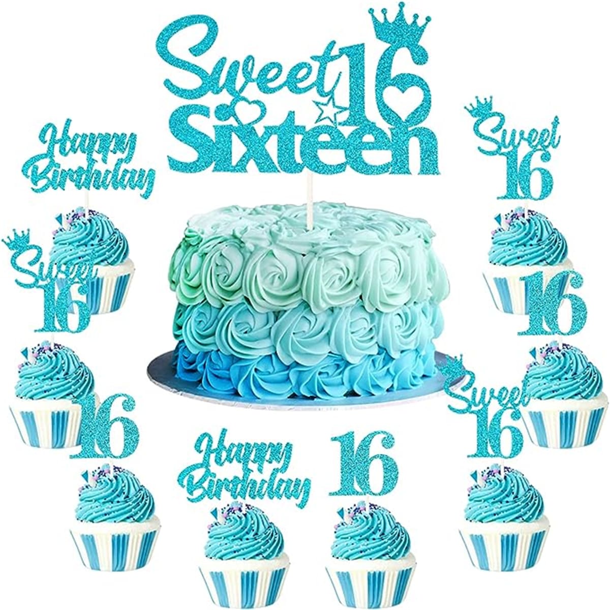 25入組16歲生日蛋糕裝飾,sweet 16生日蛋糕上層裝飾物,happy Birthday Sweet 16杯子蛋糕裝飾,適用於男孩女孩快樂16歲生日派對用品,藍綠色調 - 藍色 - 查看 1