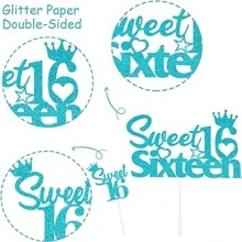 25入組16歲生日蛋糕裝飾,sweet 16生日蛋糕上層裝飾物,happy Birthday Sweet 16杯子蛋糕裝飾,適用於男孩女孩快樂16歲生日派對用品,藍綠色調 - 藍色 - 查看 6