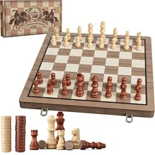 International Chess Set, Folding Wooden Standard Travel International Chess Board Game Set with Magnetic Crafted Pieces - Khaki - View 1