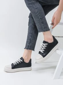 Alan Vincent 女款新款戶外休閒時尚純色低筒繫帶平底鞋,舒適百搭學生運動鞋 - 黑色 - 查看 7