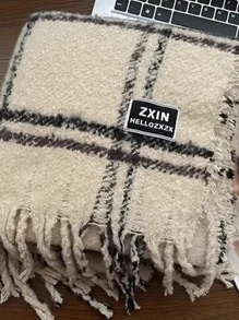 1入組女士淺褐色滌綸黑色標籤雙格紋流蘇圍巾 - 米色 - 查看 3