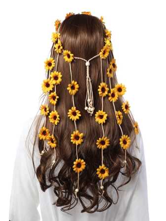 1pc Flower Hippie Headband Floral Crown Behemain Sunflowers Beads Adjust Flower Headdress Hair Accessories (Yellow) Boho Valentine's Day