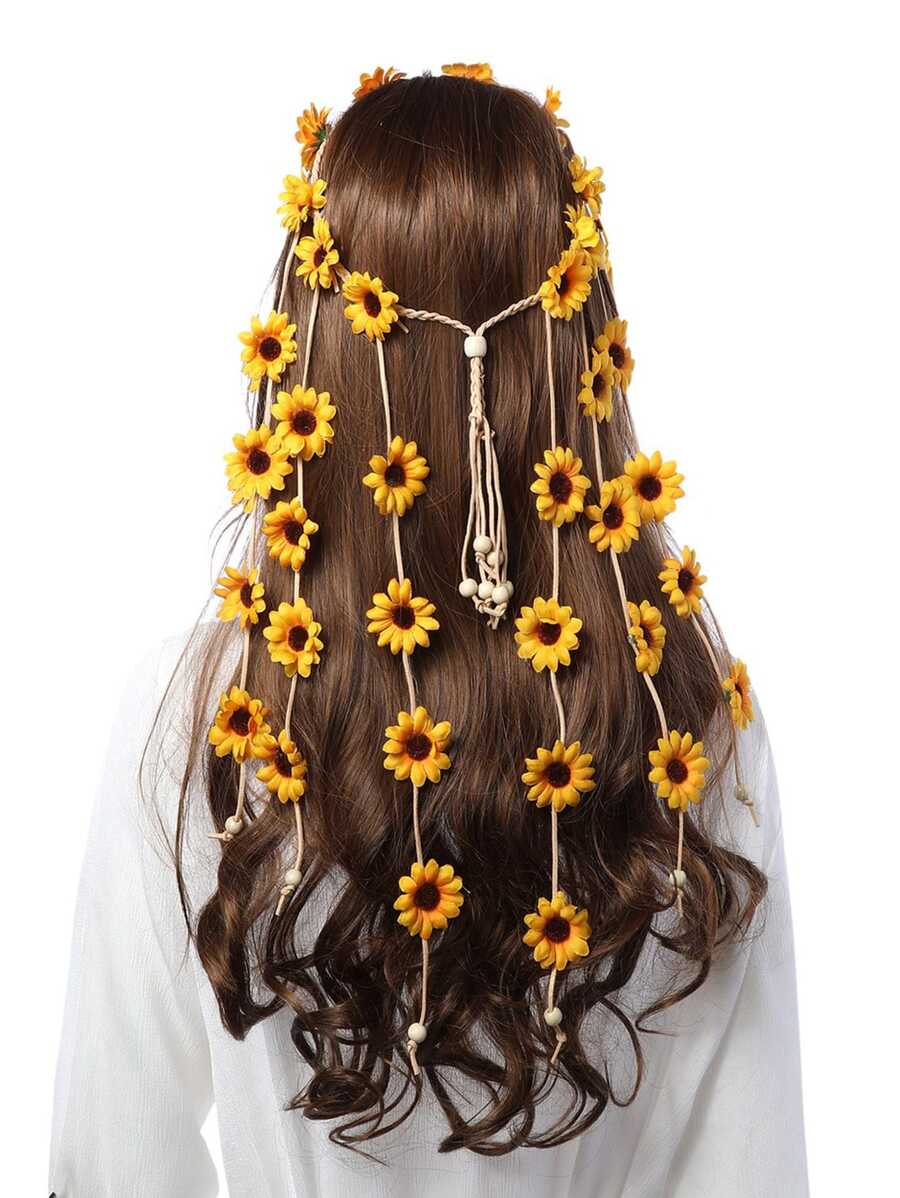 1 Stück Blumen Hippie Stirnband Blumen Krone Bohemian Sonnenblumen Perlen verstellbar Blumen Kopfschmuck Haraccessoires (Gelb) Boho Valentinstag