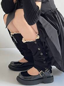 1双女士腿套，带个性化Y2K纽扣，蕾丝边饰腿套，腿套 - 黑色 - 查看 5
