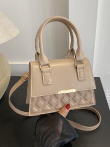 1pc Khaki Pu Handbag With Metallic Decoration And Magnet Closure, Portable And Stylish For Daily Use - Khaki - View 1