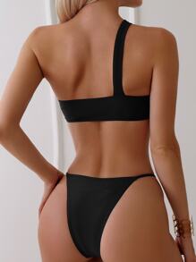 Conjunto de bikini de dos piezas para mujer con unicolor, diseño de un solo hombro y estilo de conjunto de bikini de alta gama para la playa de verano - Negro - Ver 2
