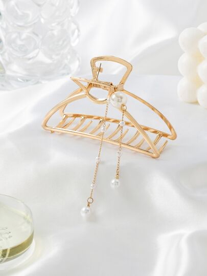 1pc Triangle Pearl & Tassel Decor Zinc Alloy Large Hair Claw Clip