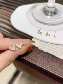 3pairs/Set Fashionable Simple Delicate Heart Shape Rhinestone Decor Women's Stud Earrings Valentines,Mom,Mother,Mother's Day,Gift - Yellow Gold - View 4