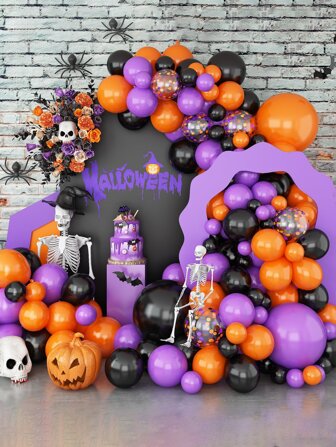 Kit De Guirnalda De Arco De Globos De Halloween Con 125 Piezas De Globos De Látex Negro, Naranja Y Morado, Confeti Decorativo Y Serpentinas De Papel De Cinco Colores Para Decoración De Fiesta De Halloween Para Niñas, Niños Y Accesorios De Fotografía