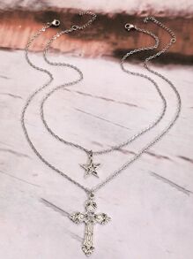 2pcs Gothic Vintage Rock Style Cross & Star Shaped Necklace For Women - Silver - View 2