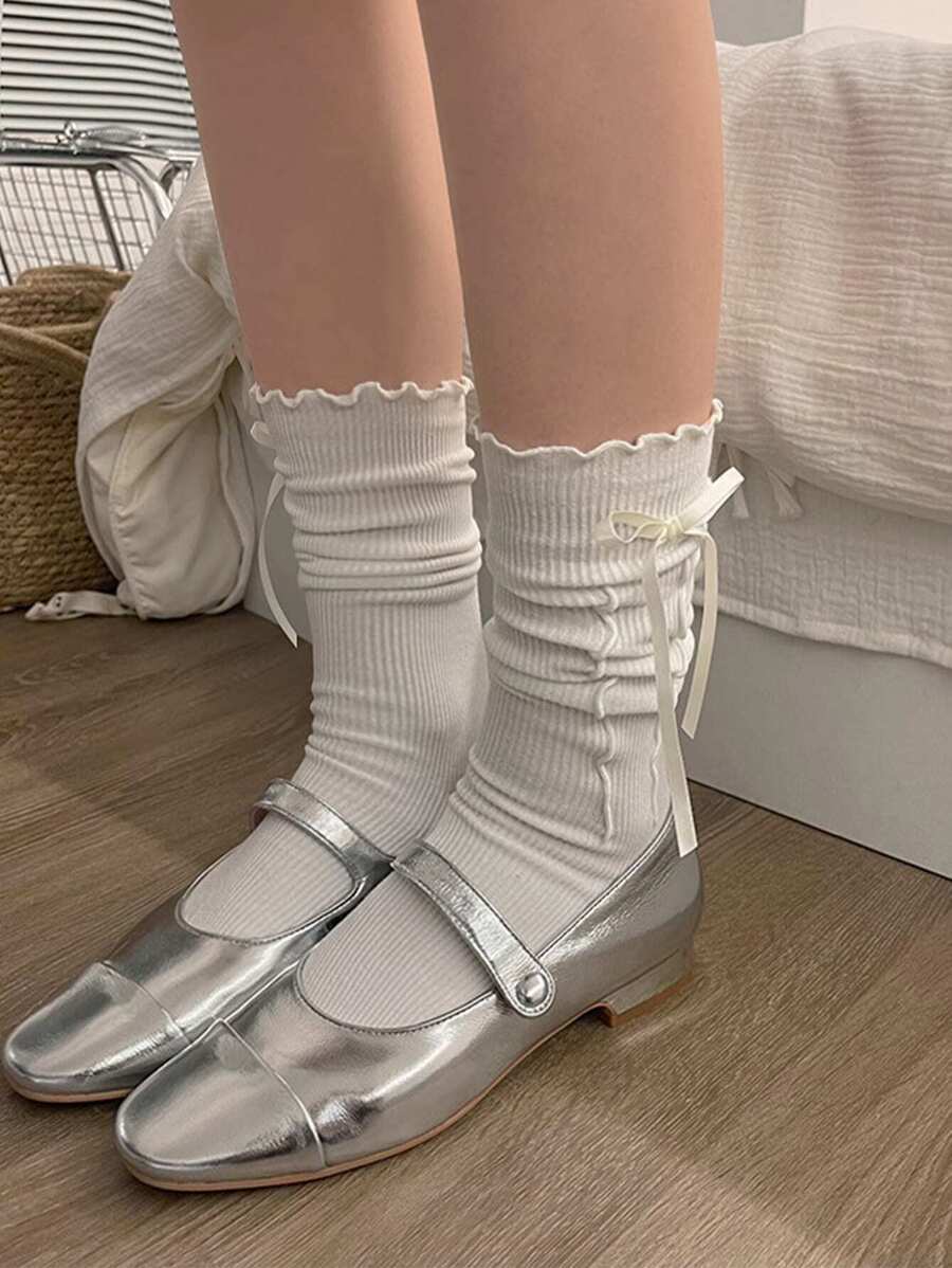 زوج جوارب فوق الركبة مزين بشريط الفيونكة، خريف