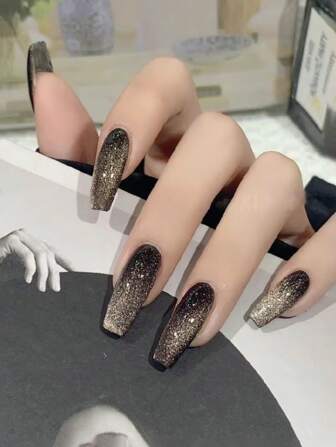 24入組長棺材形狀閃亮極簡黑色水晶貓眼光澤塗裝指甲貼片+1片果凍膠+1片指甲鉗，指甲用品