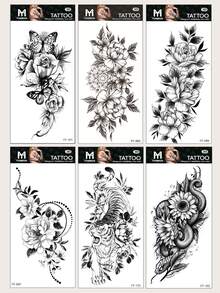 (6 Pièces/ensemble) Autocollant De Tatouage Temporaire Résistant À L'eau De Longue Durée Avec Des Motifs De Papillon, Fleurs Et Animaux Pour Unisexe - Noir - Voir 1