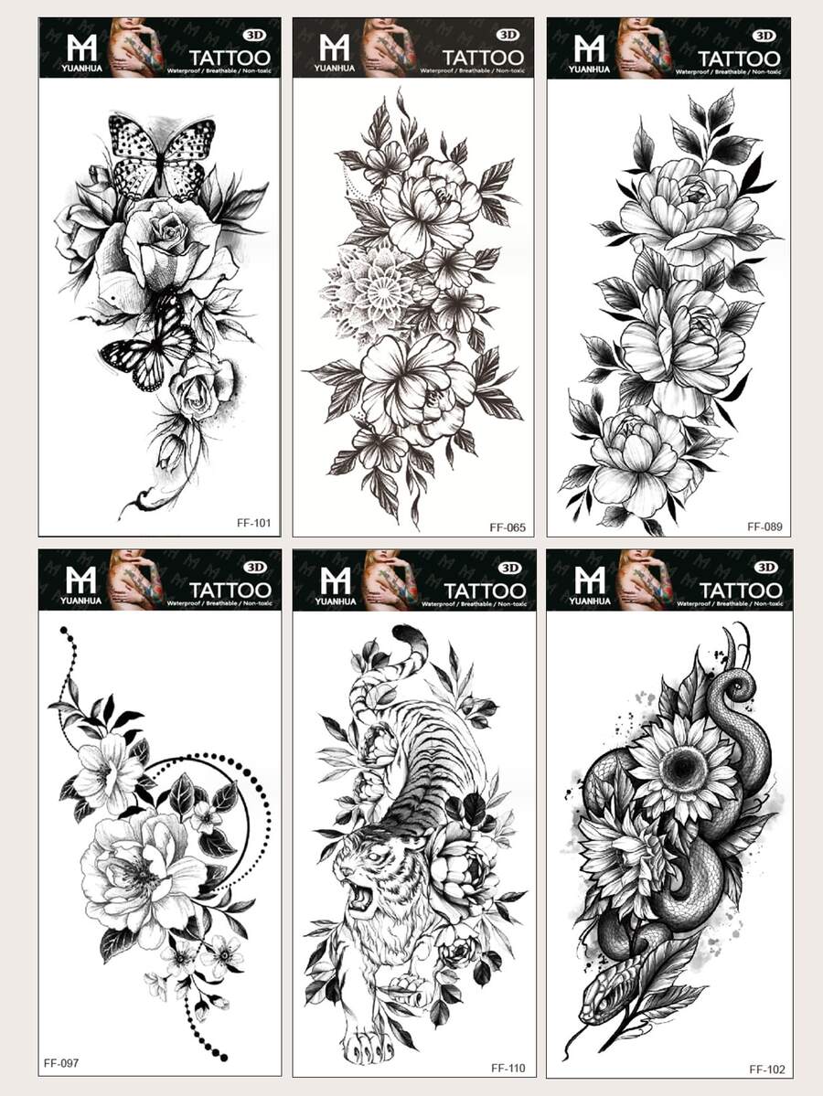 (6 Pièces/ensemble) Autocollant De Tatouage Temporaire Résistant À L'eau De Longue Durée Avec Des Motifs De Papillon, Fleurs Et Animaux Pour Unisexe - Noir - Voir 1
