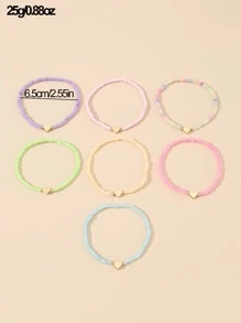 7pcs/set Rainbow Heart & Rice Beaded Bracelet Set - Multicolor - View 6