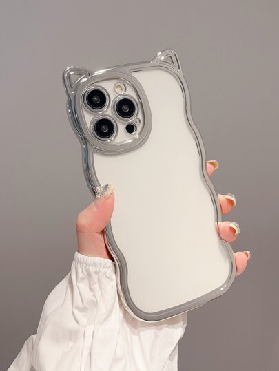 Apple A Stylish Wavy Edge Cat Ear Shape Electroplated Silver Thickened Anti-Fall Tpu Mobile Phone Case Compatible With Iphone Waterproof Shockproof Scratch Resistant