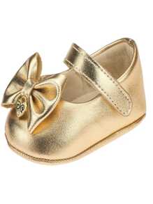 Sapatinho Bebê Dourado Menina Laço Fita Luxo Macio Confortável Recém-Nascido Festa Batizado