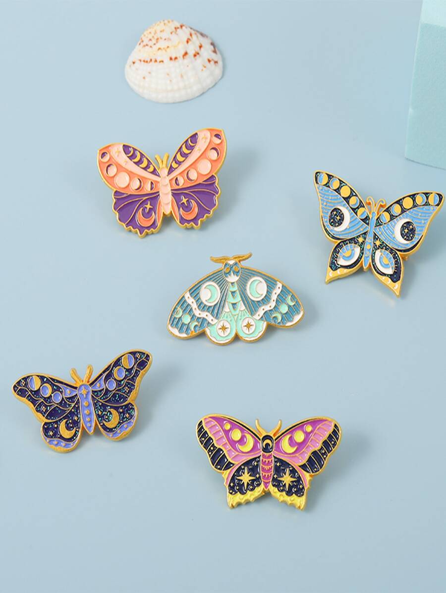 5 Piezas Insignias De Esmalte Con Diseño De Bruja Y Mariposa Personalizadas, Broches De Polillas Con Fases De La Luna, Broches De Solapa Y Parches, Joyería Punk Gótica E Insectos, Regalo Para Amigos - Multicolor - Ver 1