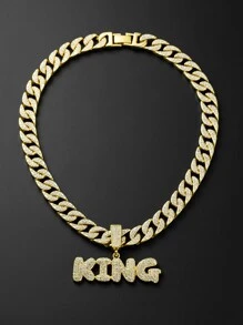 1 件金项链全钻 KING 字母吊坠 FEEL STYLE 男式链条迈阿密项链 18k 金银钻石切割不锈钢链男士 13 毫米冰晶嘻哈珠宝万圣节 - 金黃色 - 查看 4