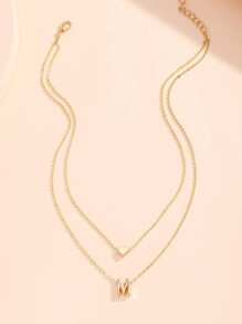 1pc Double-Layered Heart & Letter Pendant Necklace, Simple & Fashionable Accessory For Daily Wear