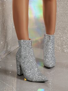Botines Con Punta Redonda Para Mujer Con Purpurina Brillante, Cremallera Lateral, Tacón Grueso, Color Liso, Zapatos De Moda Para Otoño E Invierno, Plateados - Plateado - Ver 4