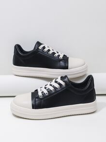 Alan Vincent 女款新款戶外休閒時尚純色低筒繫帶平底鞋,舒適百搭學生運動鞋 - 黑色 - 查看 4