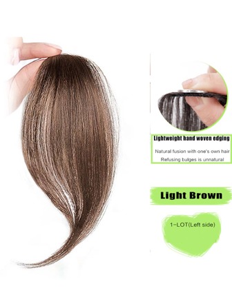 1 bit 10-tums lång lugg med lugg på båda sidor, fransk lugg till vänster, mörkbrun, naturligt hårförlängning, främre hårstycke, klippt till toppen av huvudet för att förlänga längden på luggen peruk