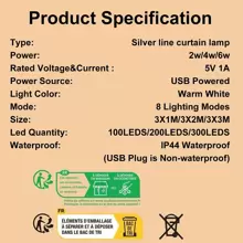 3公尺燈線掛簾燈,usb供電花燈(9.8英尺x9.8英尺),8種燈光模式與遙控調光,防水等級ip64,適用於派對臥室牆壁閃爍室內外裝飾溫暖白光 - 黃色 - 查看 10