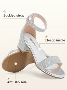 Dreamshoes Girls High Heel Ankle Strap Sandals Block Dress Chunky Pump - 网格銀 - 查看 5