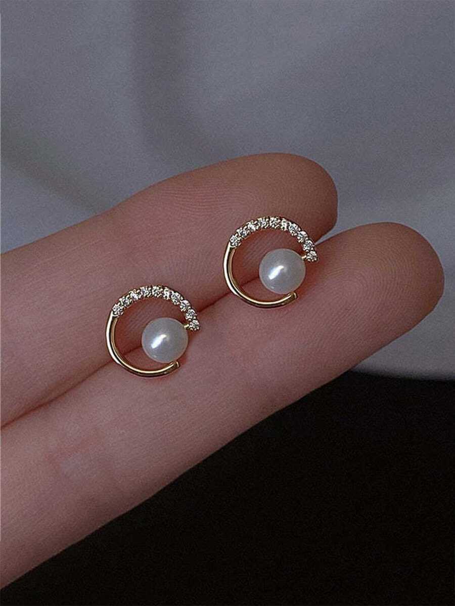 珍珠和水鑽裝飾耳釘 - 金黃色 - 查看 1