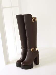 Bottes de cavalier à talons compensés pour femmes, confortables et sexy, style Ins, nouvelle collection printemps/automne, avec fermeture éclair à l'arrière, jambe épaisse élancée, bottes hautes à talons, à porter avec un pantalon