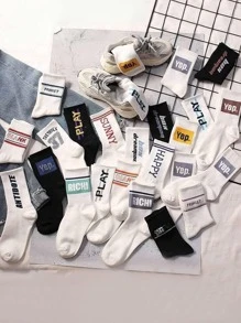 7雙男士隨機彩色字母印花中筒袜,透氣吸濕、防臭多用途休閒情侶袜 - 彩色 - 查看 1