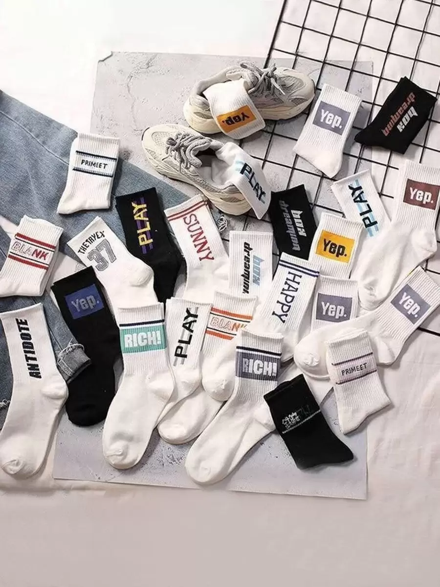 7雙男士隨機彩色字母印花中筒袜,透氣吸濕、防臭多用途休閒情侶袜 - 彩色 - 查看 1