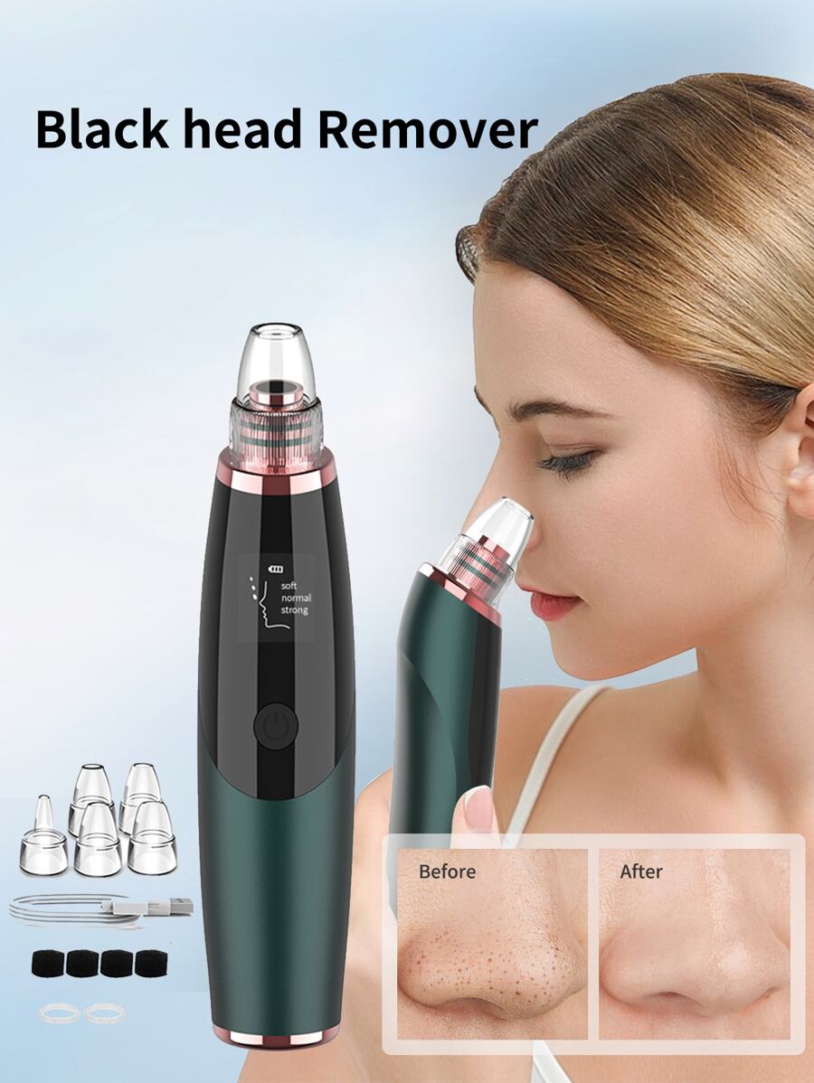 Lcd Blackhead Suction Instrument 3 Modes Adjustable, 5 In 1 Head, Green