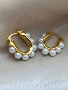 A Pair Of Fashionable Stainless Steel Inlaid Pearl Earrings Suitable For Daily Wear By Women - Yellow Gold - View 5