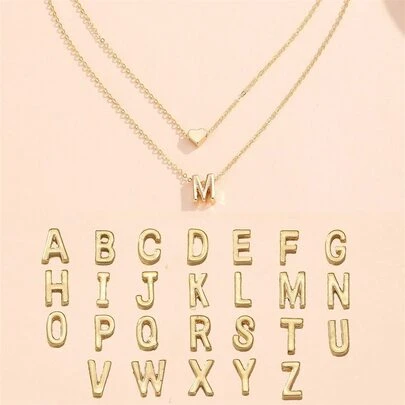 1 件双层心形和字母吊坠项链，简约时尚的日常配饰