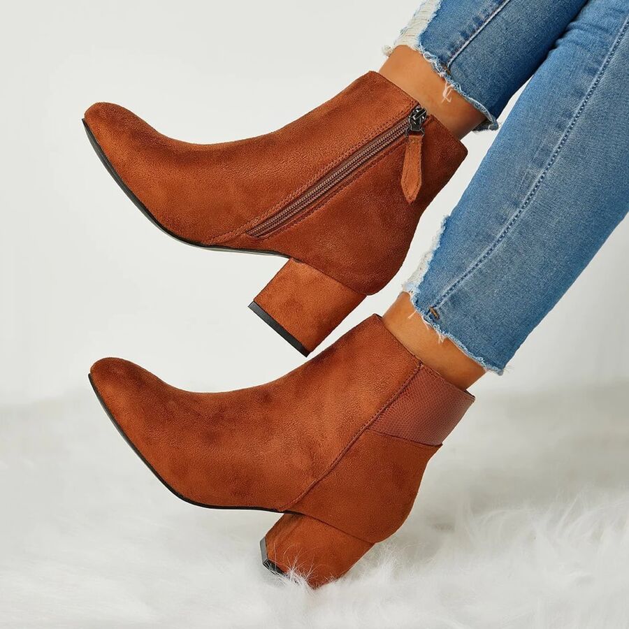 Women Chunky Block Mid Heel Ankle Boots Side Zipper Booties - màu nâu - Xem 1