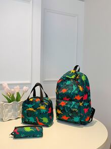 3pcs/set Student Large Capacity Cartoon Dinosaur Backpack Crossbody Lunch Bag Pencil Bag Combination, Pattern Random - Green - View 5