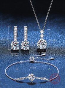 4 Piezas/set Juego De Joyas Elegante Y Lujoso De Plata De Ley 925 Y Circonia Para Mujeres, Incluye Aretes, Pulsera Y Collar, Adecuado Para Uso Diario, Fiestas Y Como Regalo - Plateado - Ver 5
