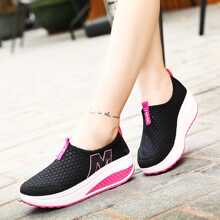 夏季透氣經典時尚休閒運動鞋女性戶外搖晃鞋,網紗坡跟鞋和防水台單鞋