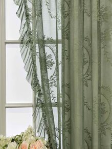 1入組深綠色透明復古鬆軟紗簾,優雅褶邊刺繡花朵濾光遮窗簾,適用於臥室陽台 - 墨綠色 - 查看 7