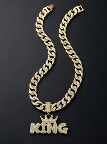 1 件金项链全钻 KING 字母吊坠 FEEL STYLE 男式链条迈阿密项链 18k 金银钻石切割不锈钢链男士 13 毫米冰晶嘻哈珠宝万圣节 - 金黃色 - 查看 5